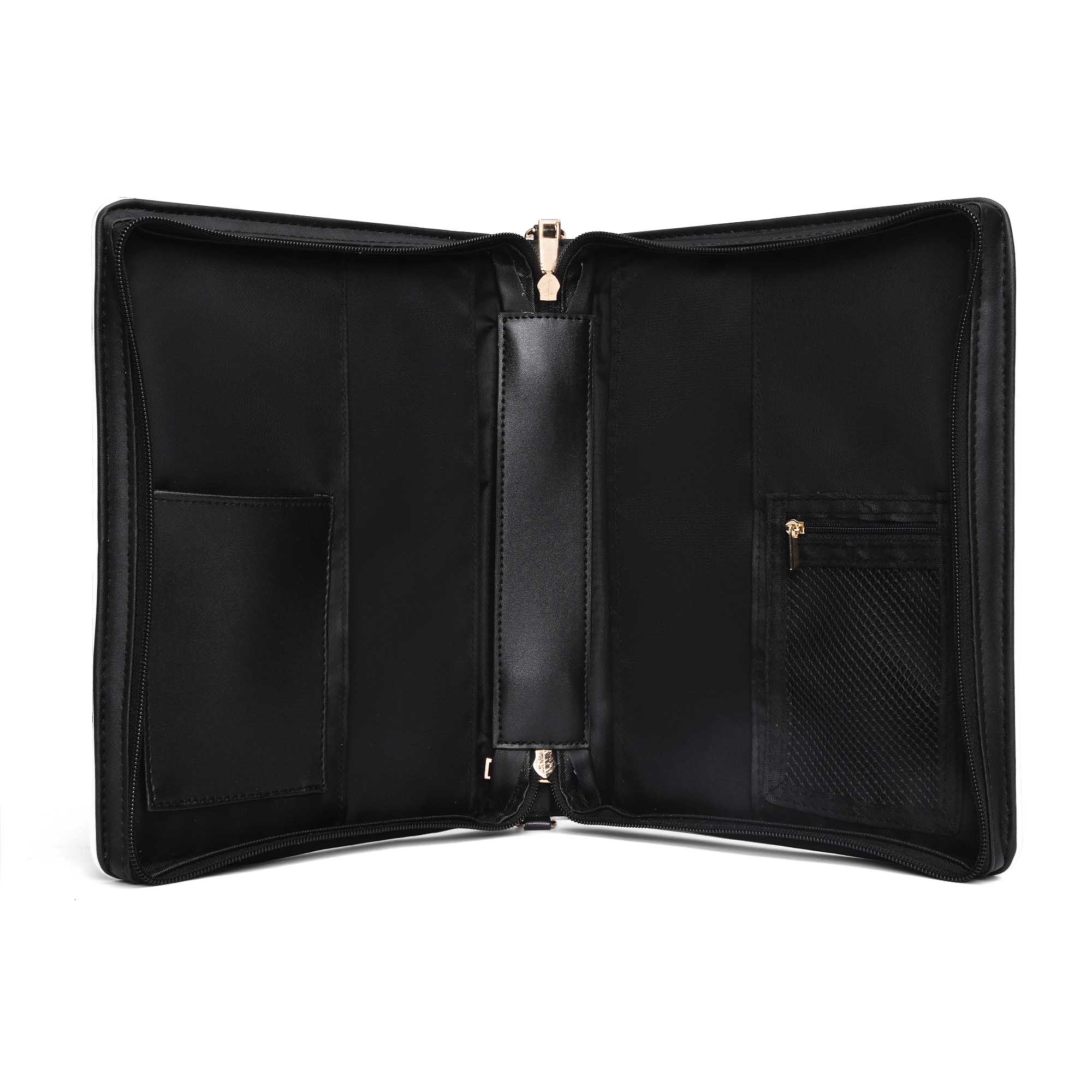 Black PU leather Bible cover with zippered closure, inside pocket and zip pocket, perfect for men or women.