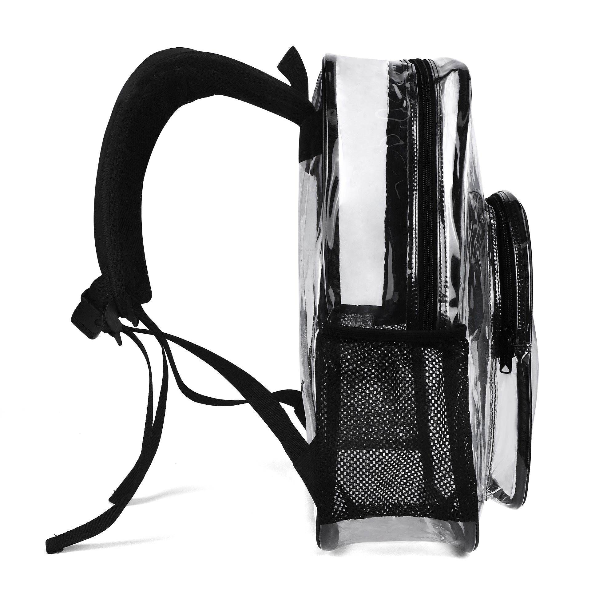 Clear backpack made of PVC material, with adjustable black straps, transparent school bag for school, work, travel.