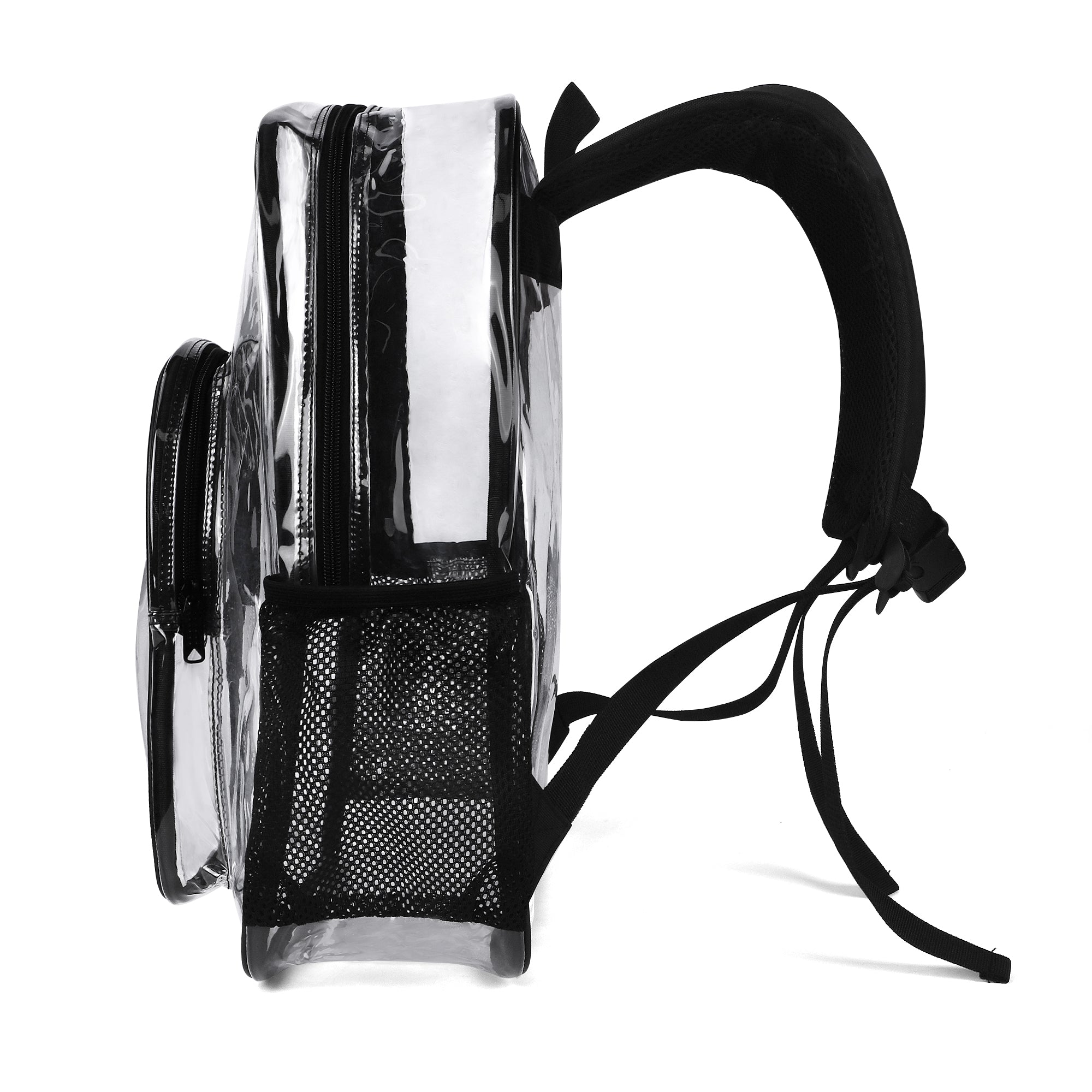 Clear PVC backpack with black accents, transparent design for school, work, and travel, adjustable straps