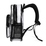 Transparent clear backpack made of PVC, with black adjustable straps, perfect for school, work, and travel.