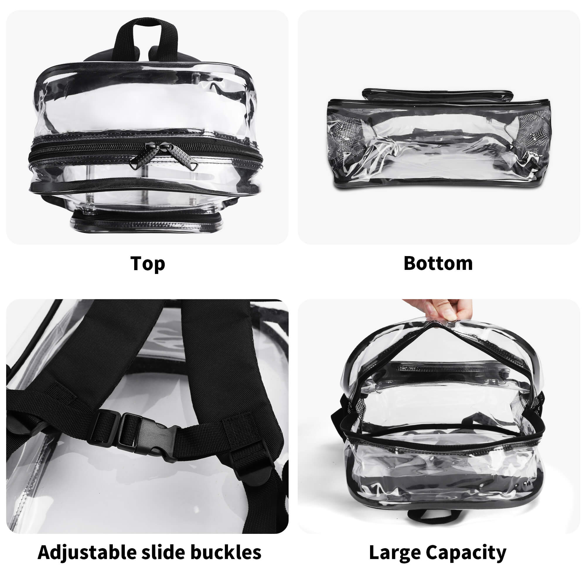 Clear PVC backpack, featuring adjustable straps and high capacity, ideal for school, work, and travel.
