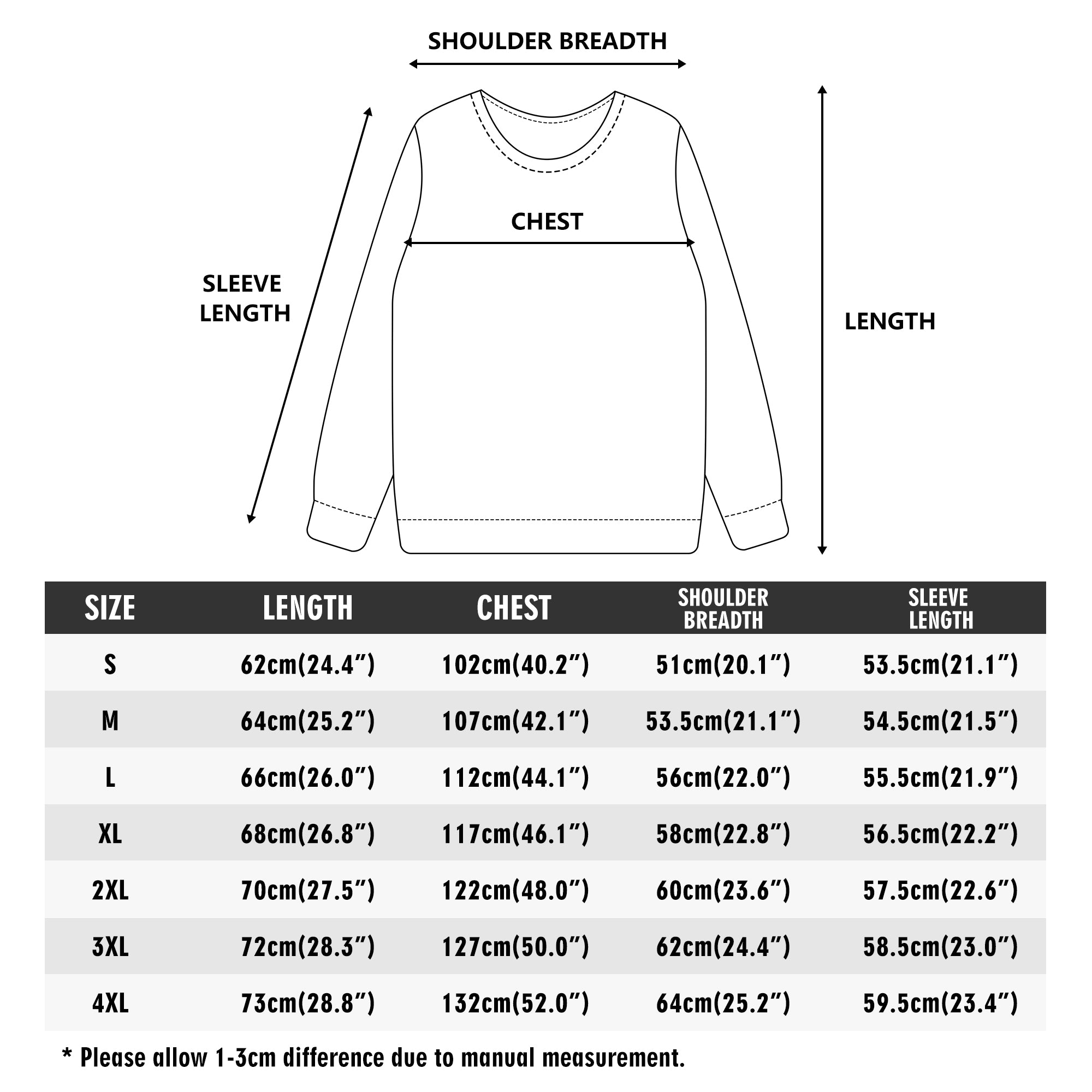 Size chart for Ben Heine African Lion art print sweatshirt, featuring length, chest, shoulder, and sleeve dimensions.