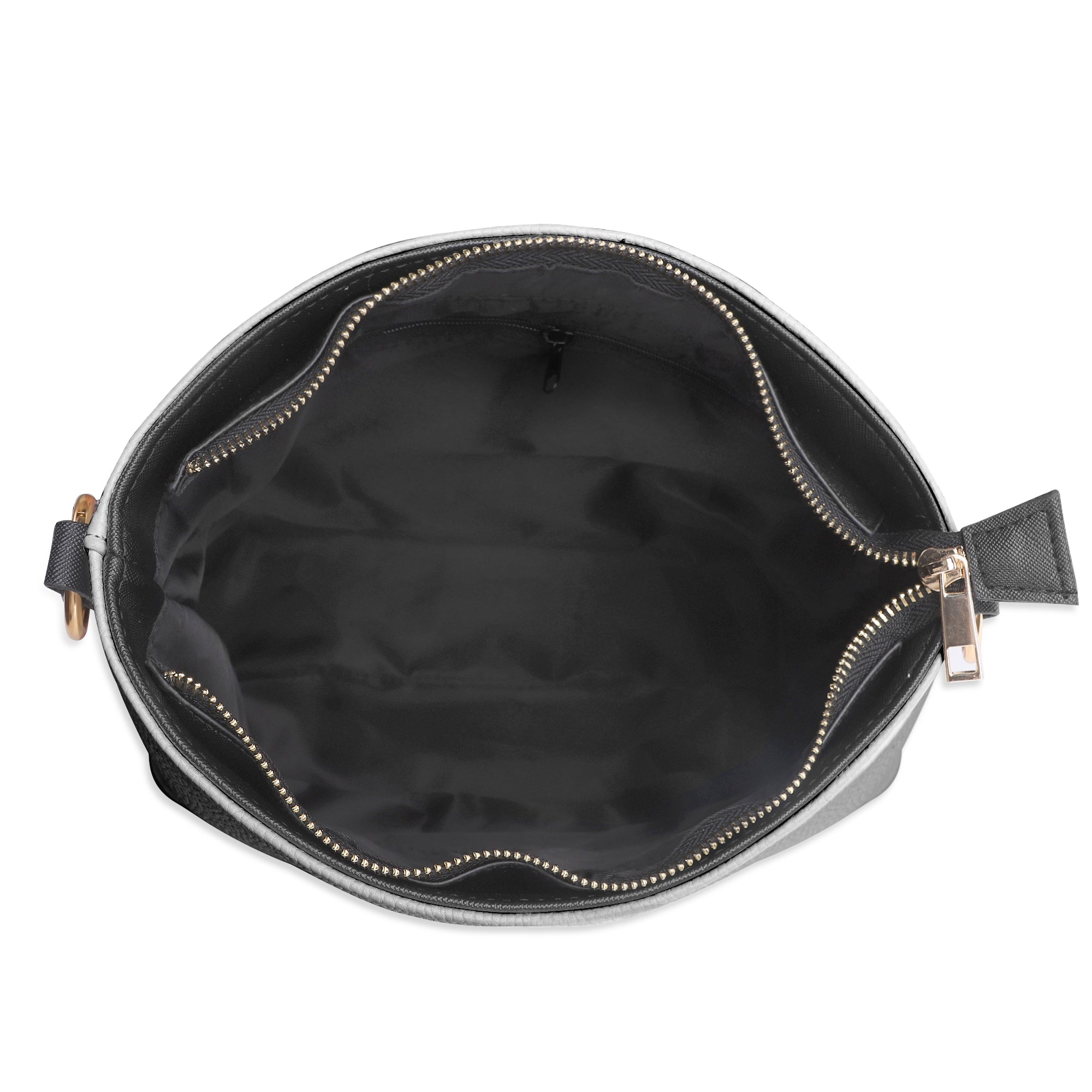 Black PU leather bucket bag interior with gold zipper and hardware. Travel tote bag.