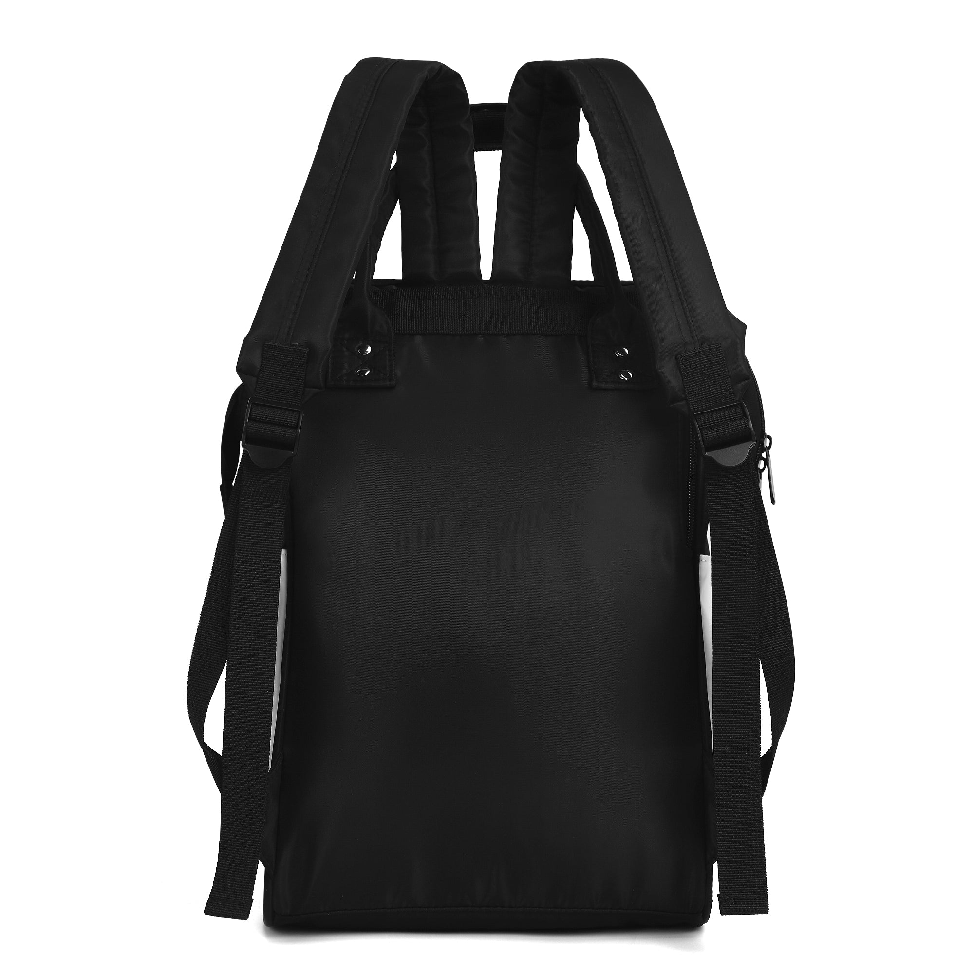 Black large capacity mummy backpack, multi-pocket design, perfect for baby care and travel, adjustable shoulder straps.