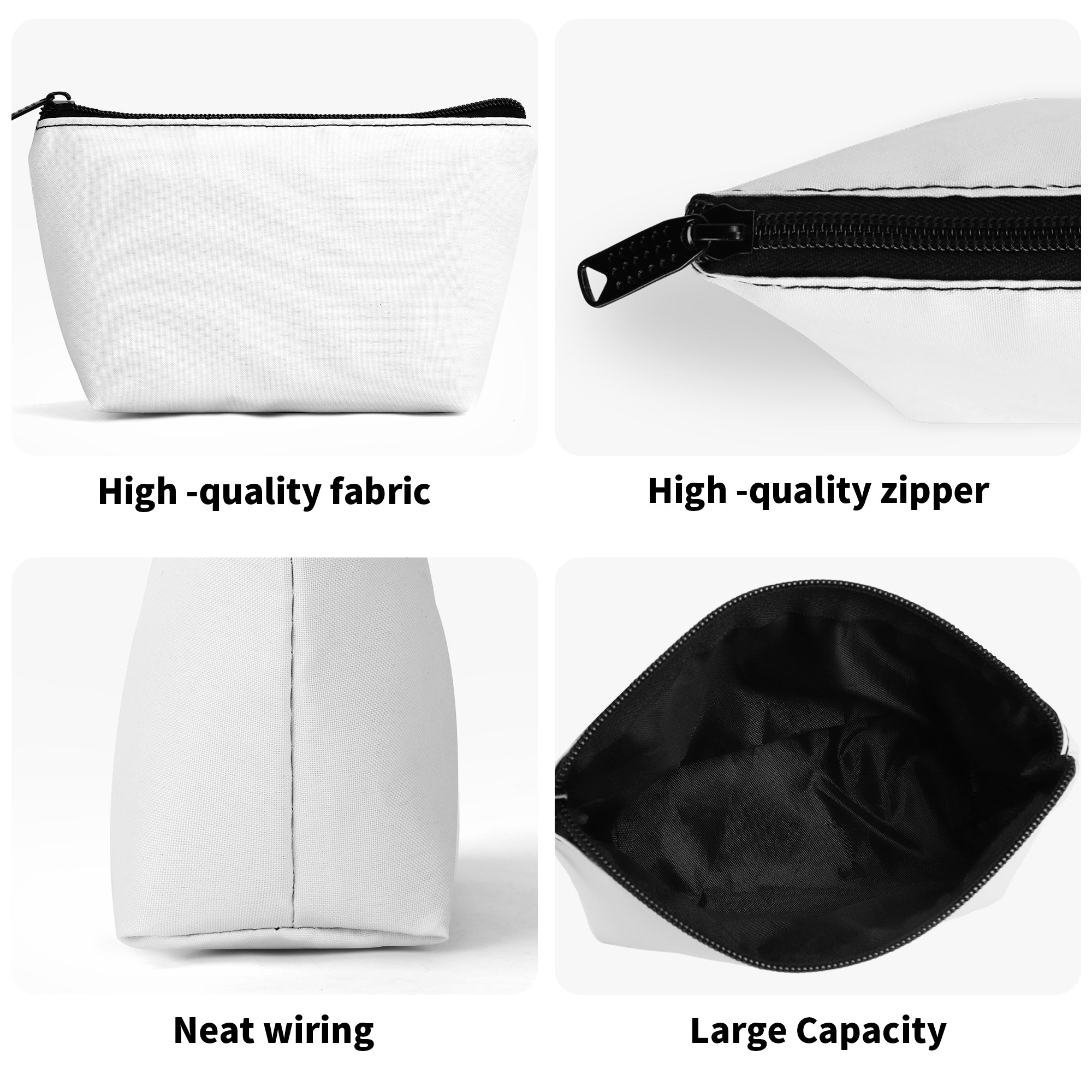 White 300D Polyester Wristlet Bag, High-quality fabric, zipper closure, large capacity makeup bag, and neat wiring details.