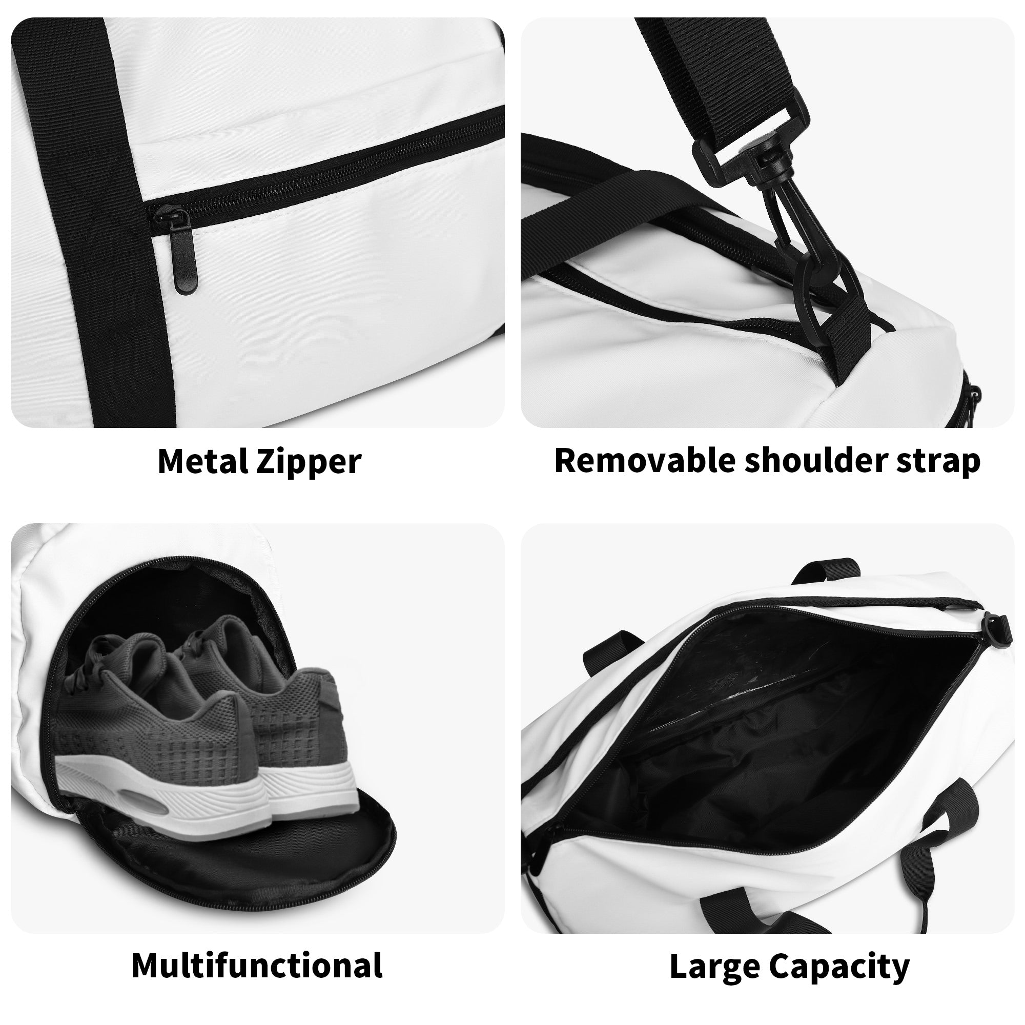 White Sports Gym Duffle Bag with Black Straps and Metal Zipper, Travel Luggage with Shoulder Strap