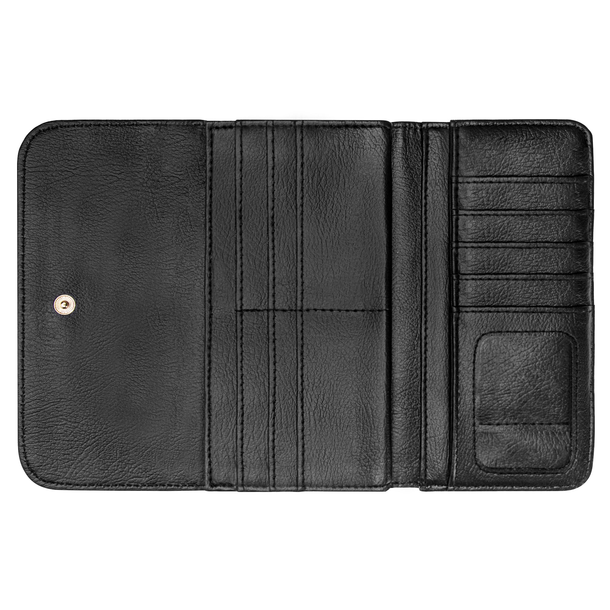 Open black PU leather trifold wallet with card slots and compartments, perfect personalized gift for men.