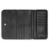 Open black PU leather trifold wallet with card slots and compartments, perfect personalized gift for men.