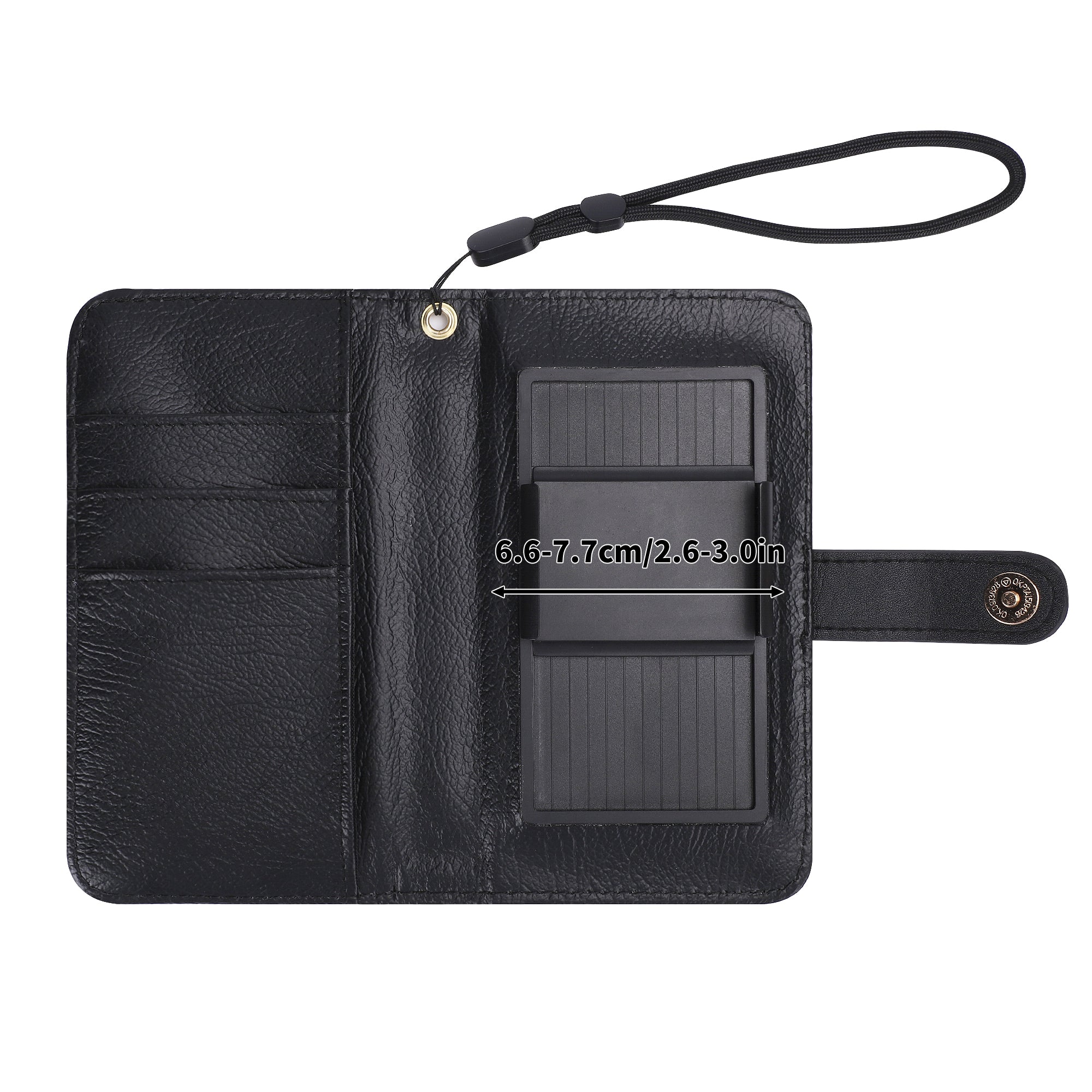 Black PU leather phone wallet with card slots, kickstand, and wrist strap, featuring 6.6-7.7cm/2.6-3.0in size.