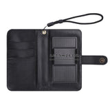Black PU leather phone wallet with card slots, kickstand, and wrist strap, featuring 6.6-7.7cm/2.6-3.0in size.