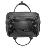 Black mummy backpack interior with multiple pockets for baby care essentials.