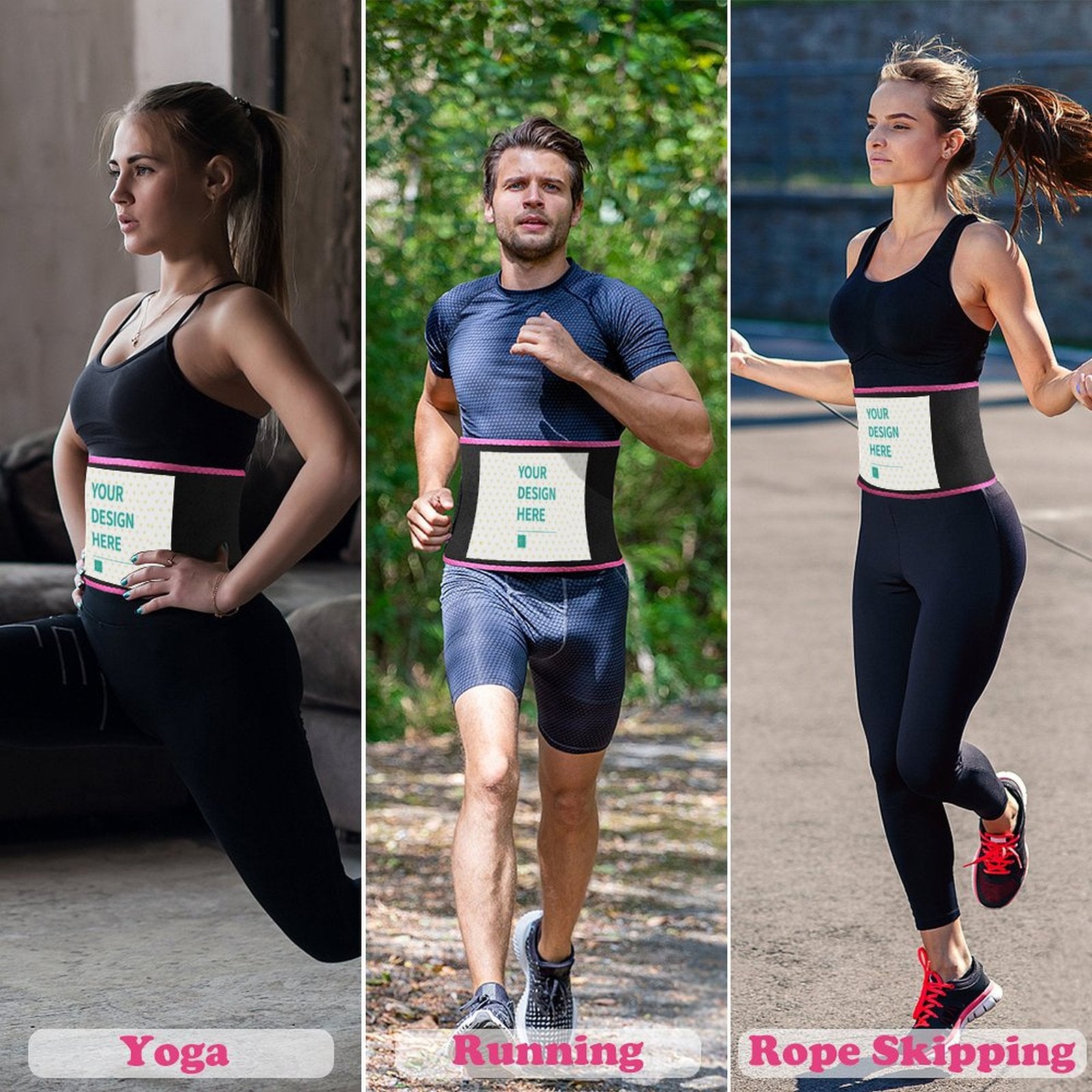 Custom waist trimmer: Yoga, Running, Rope Skipping. Black with pink accents, featuring 'YOUR DESIGN HERE', for men and women
