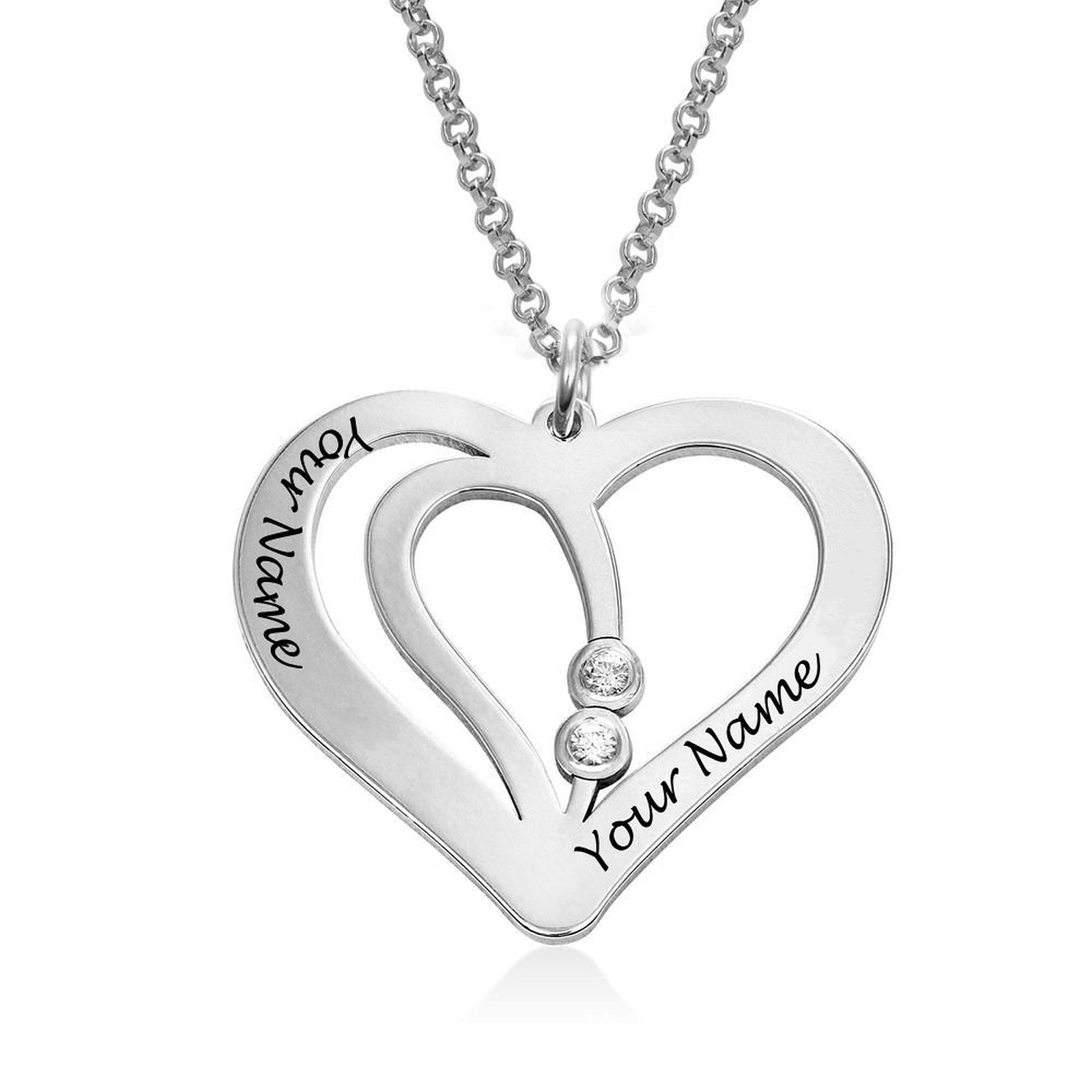 Personalized Silver Heart Pendant Necklace with Engraved Names and Crystal Accents - Custom Jewelry