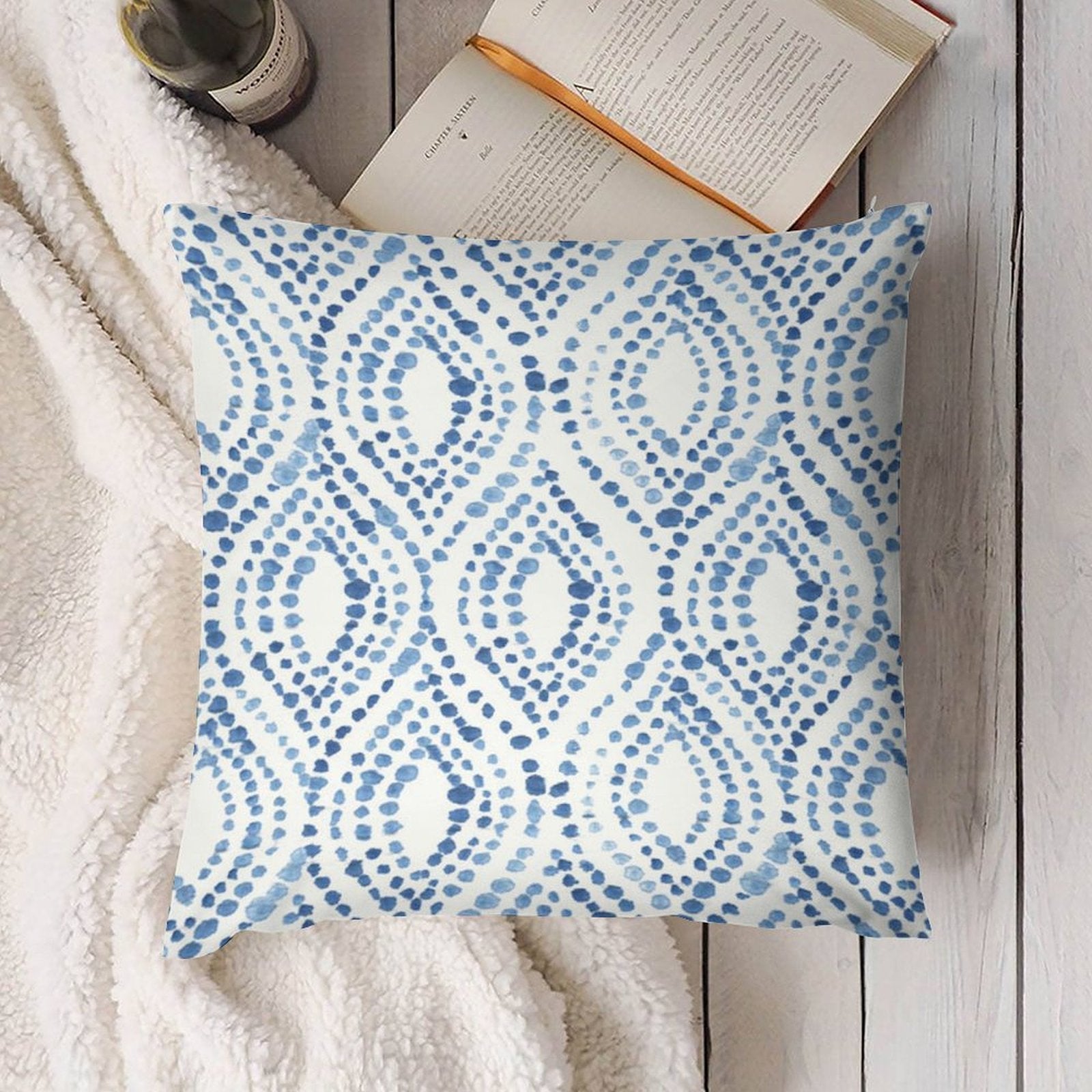 Luxury plush throw pillow cover with blue dotted pattern, perfect for living room, sofa or couch. Decorative and soft.