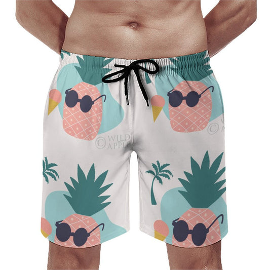 Men's Hawaiian Swim Shorts with Pineapple Sunglasses Pattern, Quick Dry Board Shorts