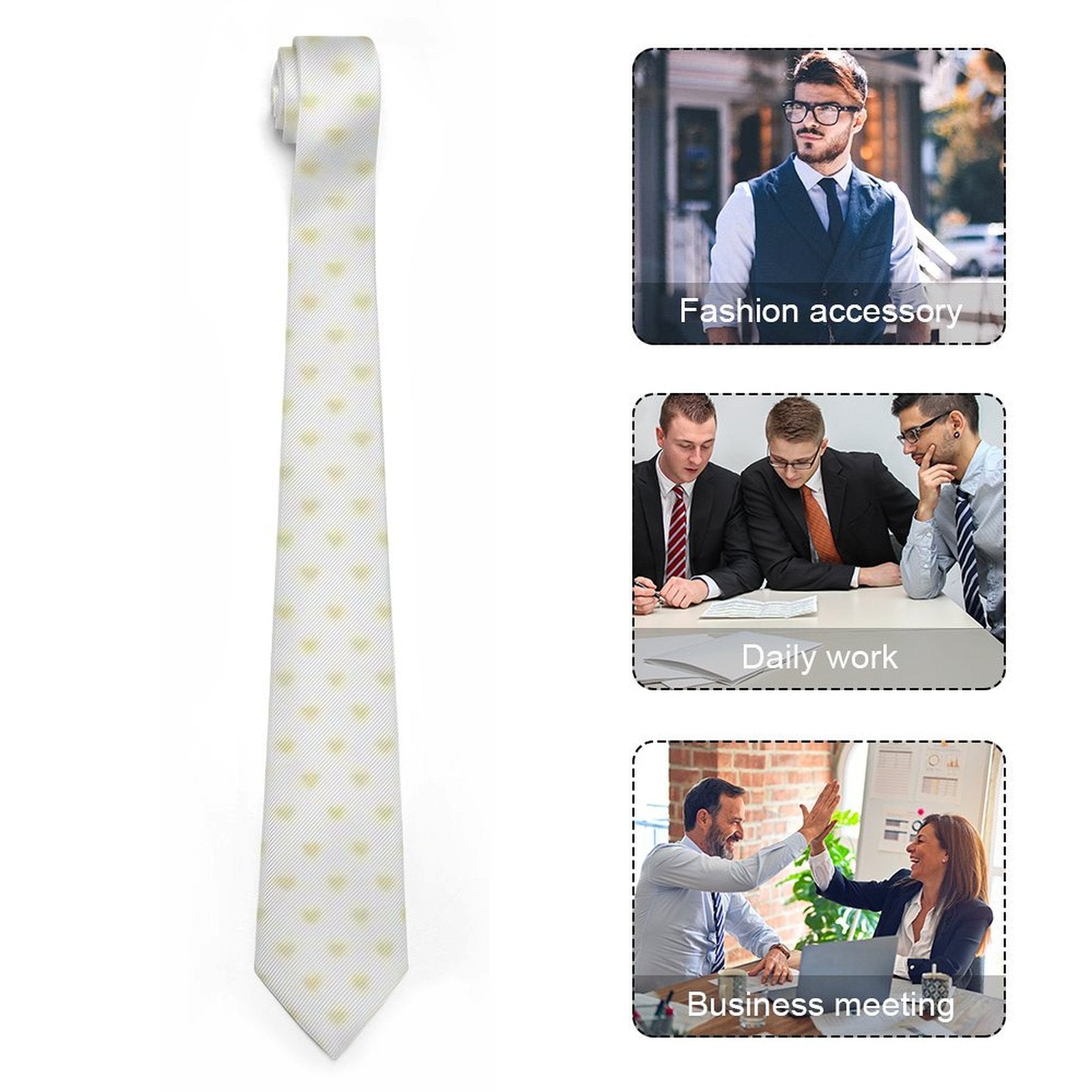 White heart-patterned men's tie, business work accessory. Includes scenes of Fashion, Daily work and Business meeting.