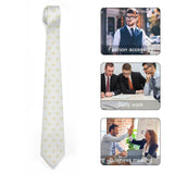 White heart-patterned men's tie, business work accessory. Includes scenes of Fashion, Daily work and Business meeting.