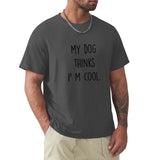 Men's charcoal gray crew neck t-shirt with "My Dog Thinks I'm Cool" print, classic fit tee for dog lovers.