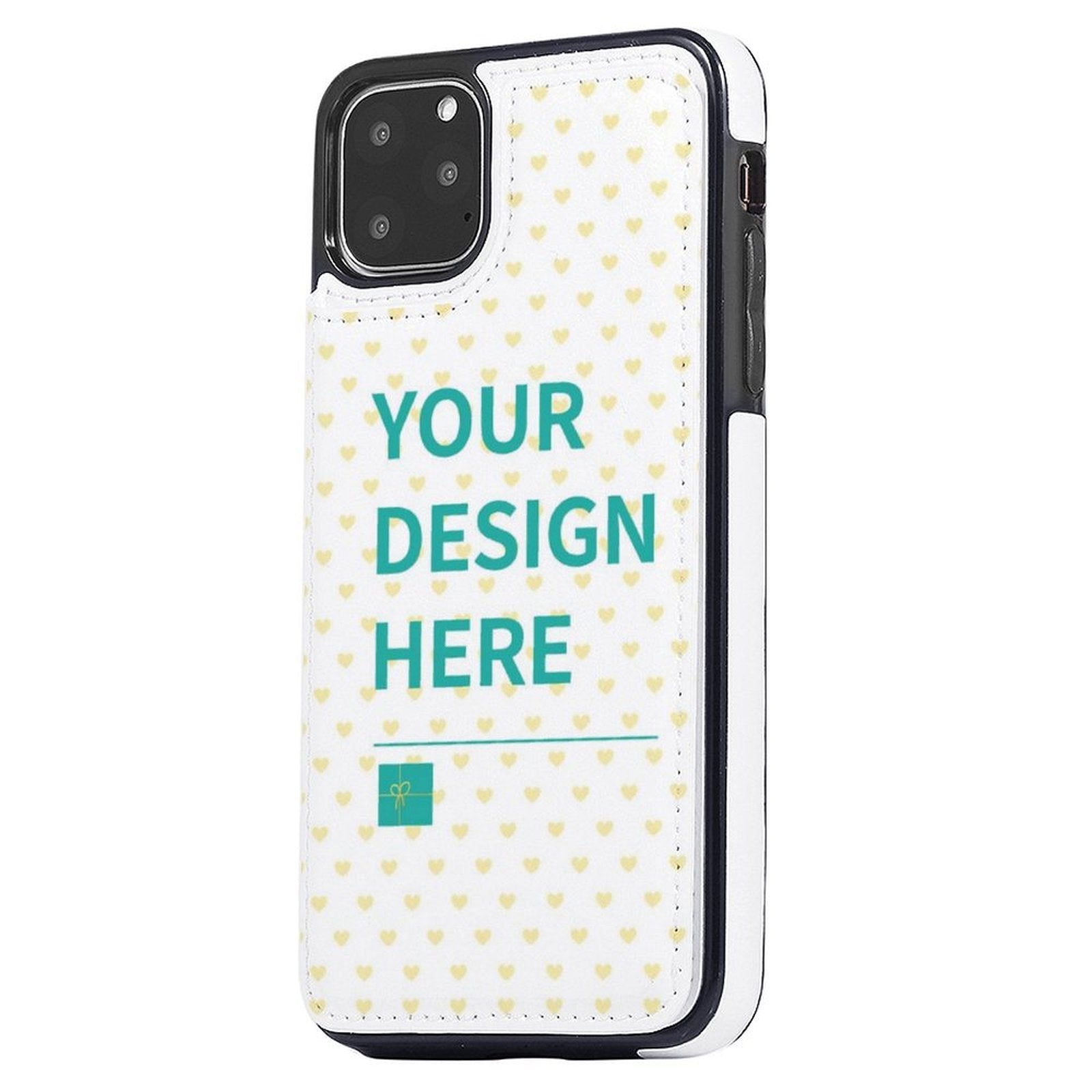 Custom iPhone 11 Pro Max flip case, personalized photo wallet case with 'YOUR DESIGN HERE' text, MyArtsyGift product