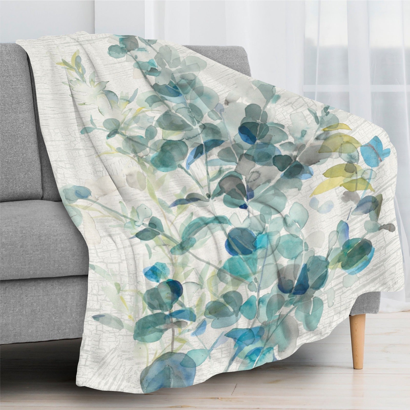 Eucalyptus IV flannel blanket, blue watercolor design, cozy polyester blanket for home decor.