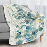 Eucalyptus IV flannel blanket, blue watercolor design, cozy polyester blanket for home decor.