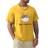 Yellow Men's cotton t-shirt with pufferfish graphic and "Don't touch me" text - Crew neck tee