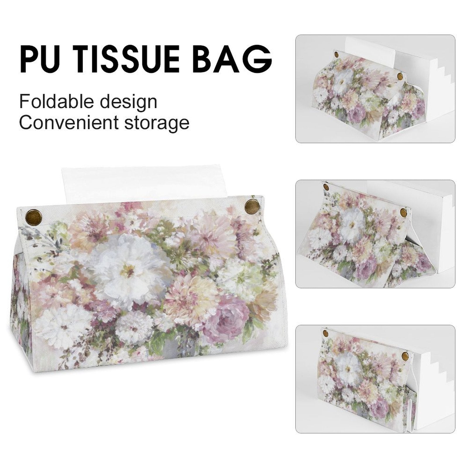 PU tissue box cover with floral design, rectangular tissue holder, foldable and convenient for home or office