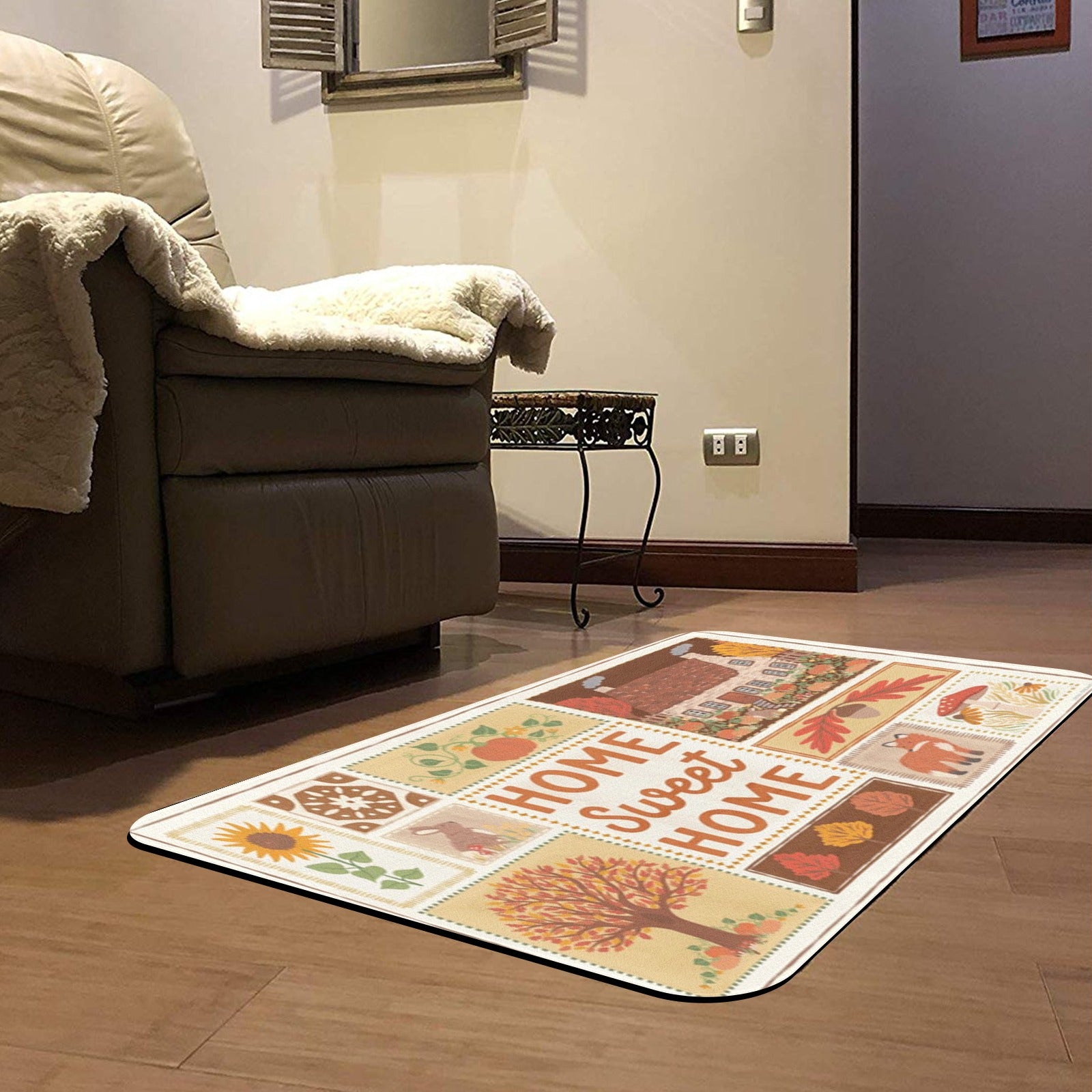 Autumn entrance doormat with "Home Sweet Home" text, fall-themed design, rubber floor mat