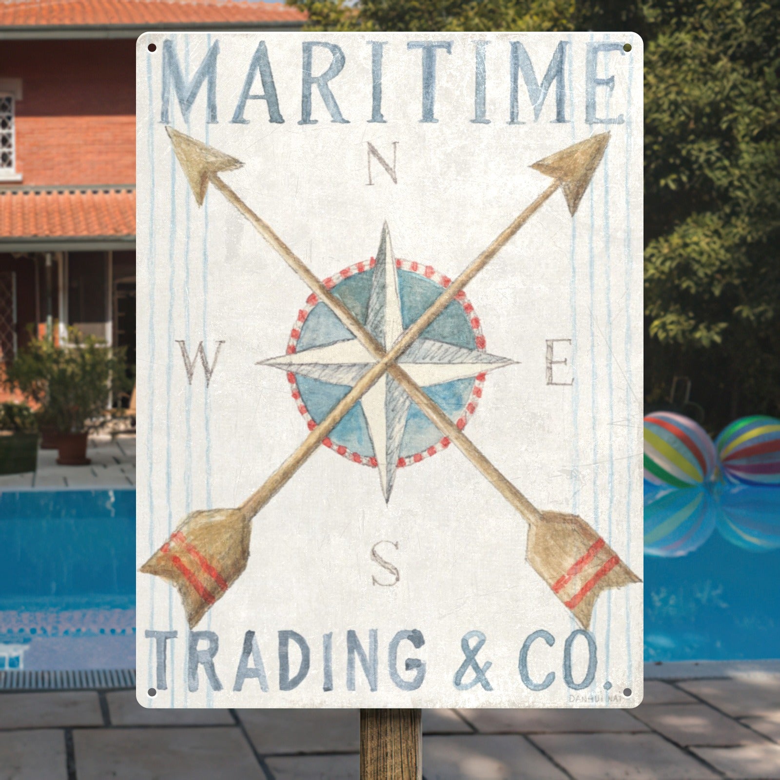 Retro Maritime Trading & Co. metal sign with compass design, ideal for home decor.