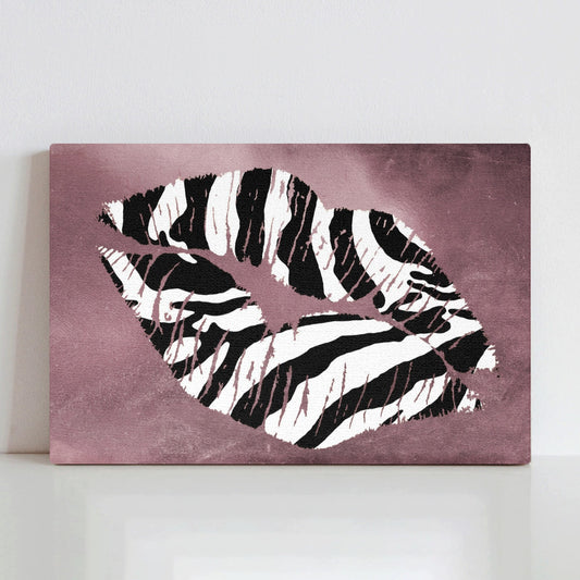 Leopard Kiss Pink Canvas Print with zebra-striped lips art, made in USA, perfect gift for her.