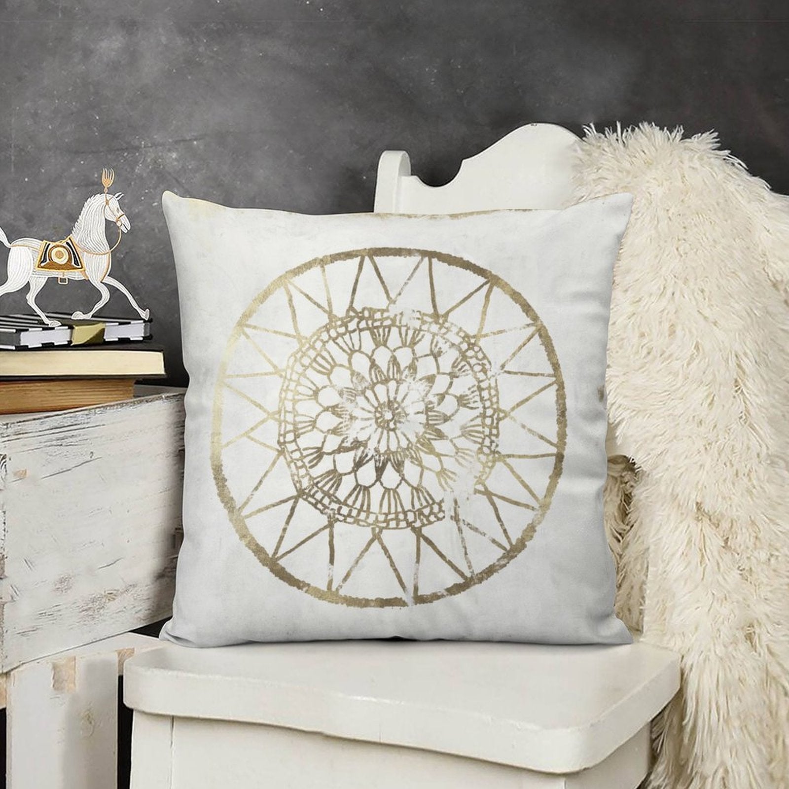 Luxury white plush throw pillow cover with gold geometric art, soft and fluffy decorative pillow for sofa or couch