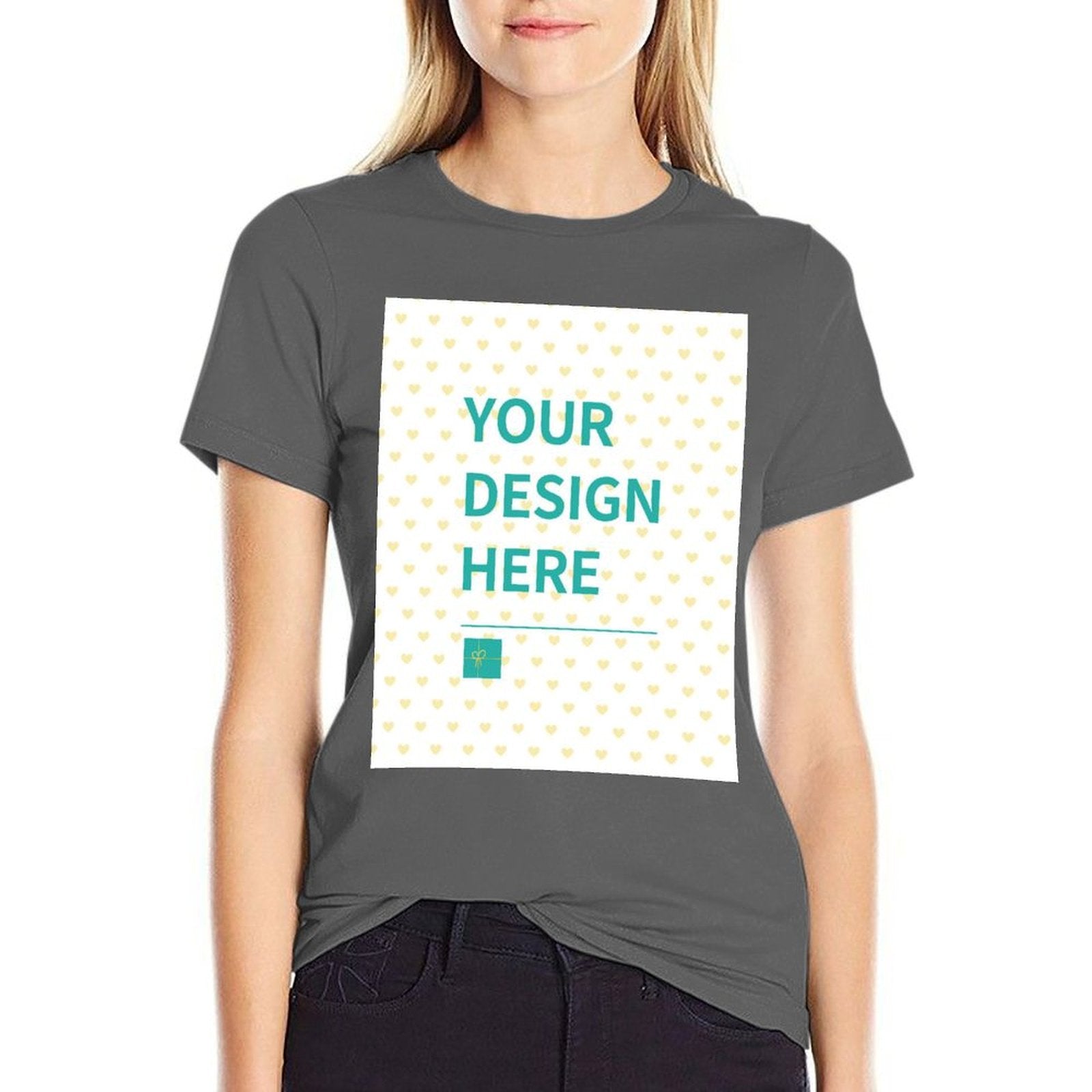 Customizable gray women's summer t-shirt with 'YOUR DESIGN HERE' design area, round neck, short sleeve, MyArtsyGift