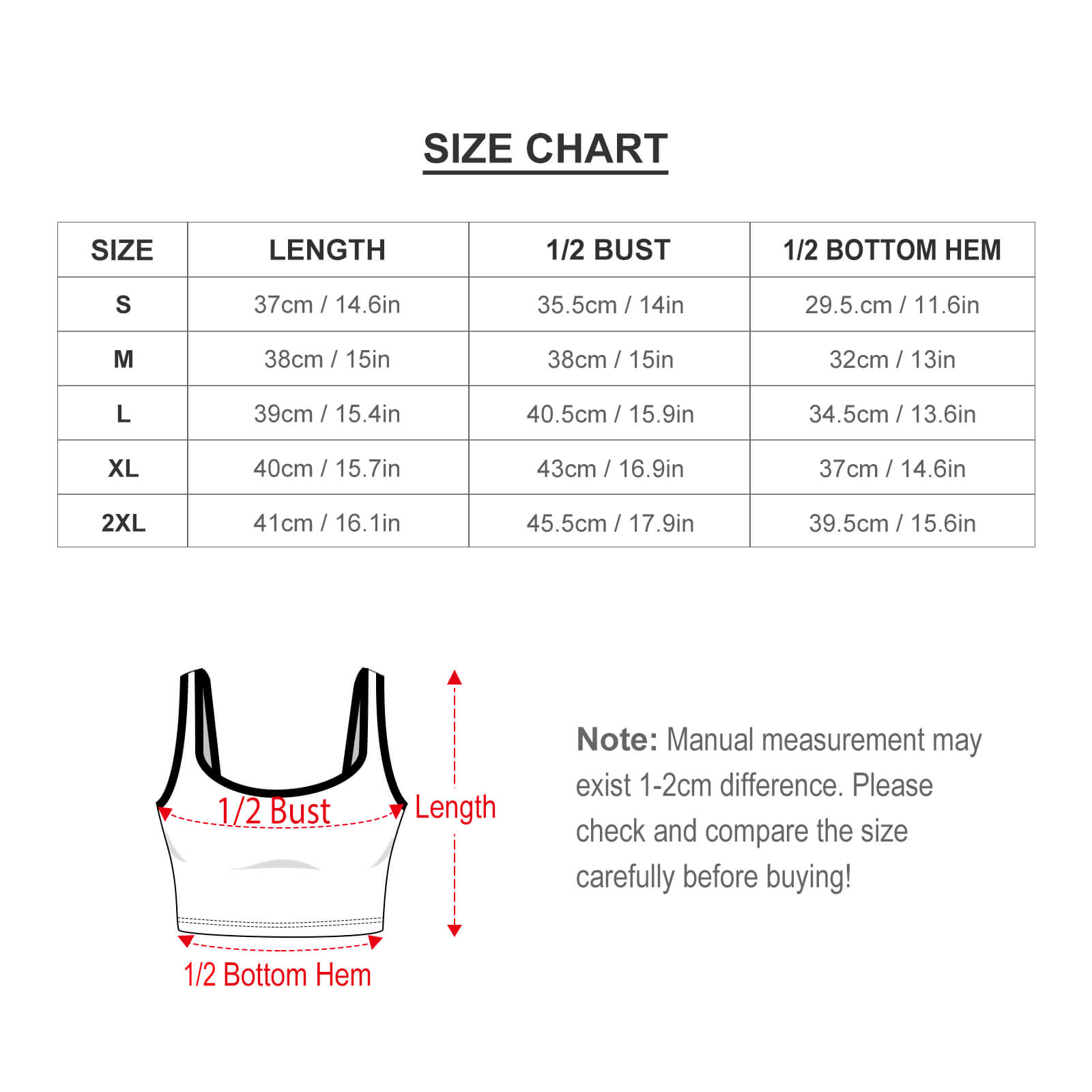 Yoga vest size chart for women, featuring measurements for length, bust, and bottom hem, S to 2XL.