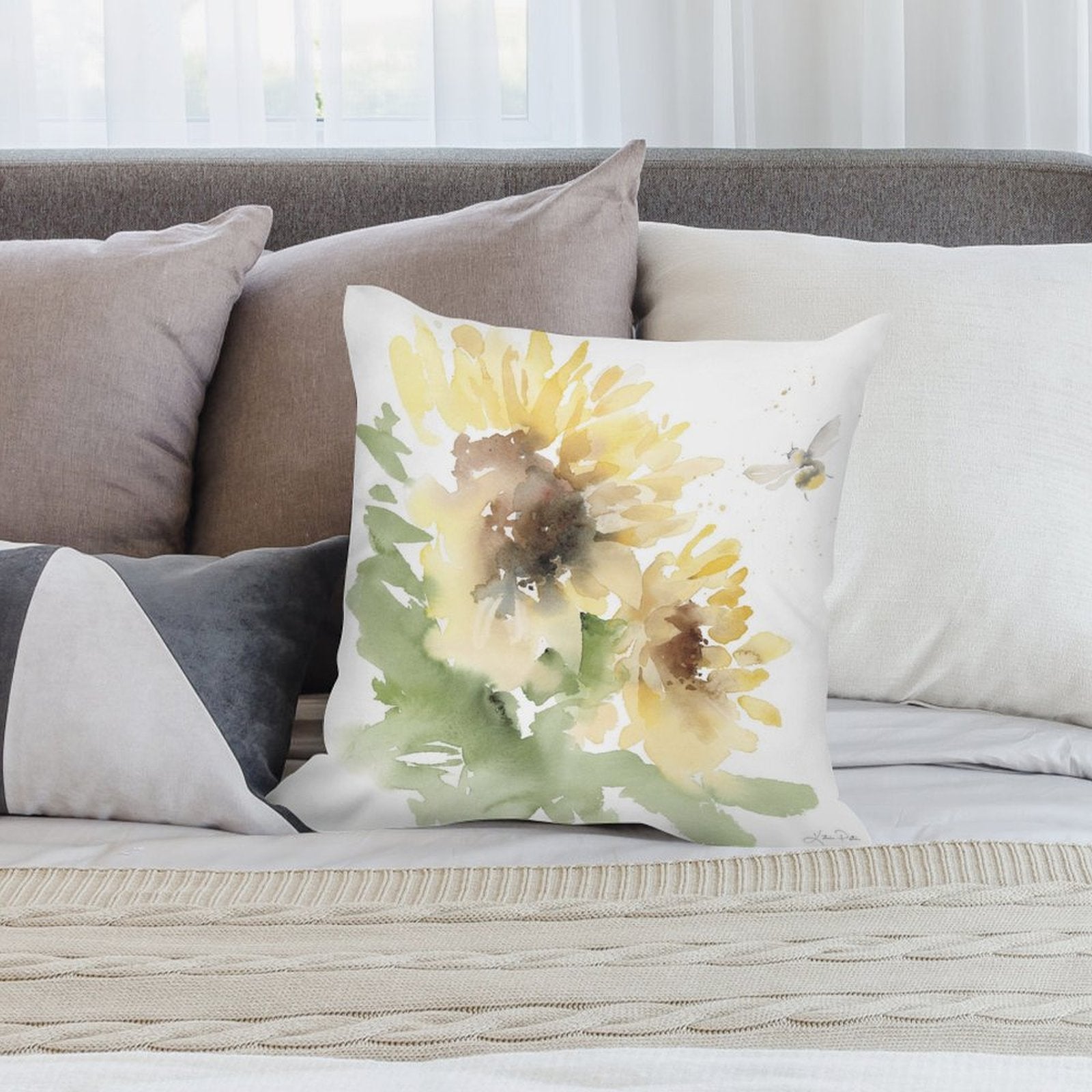 Sunflower pillow cover, watercolor art with bee, short plush decorative pillow for couch and living room, MyArtsyGift