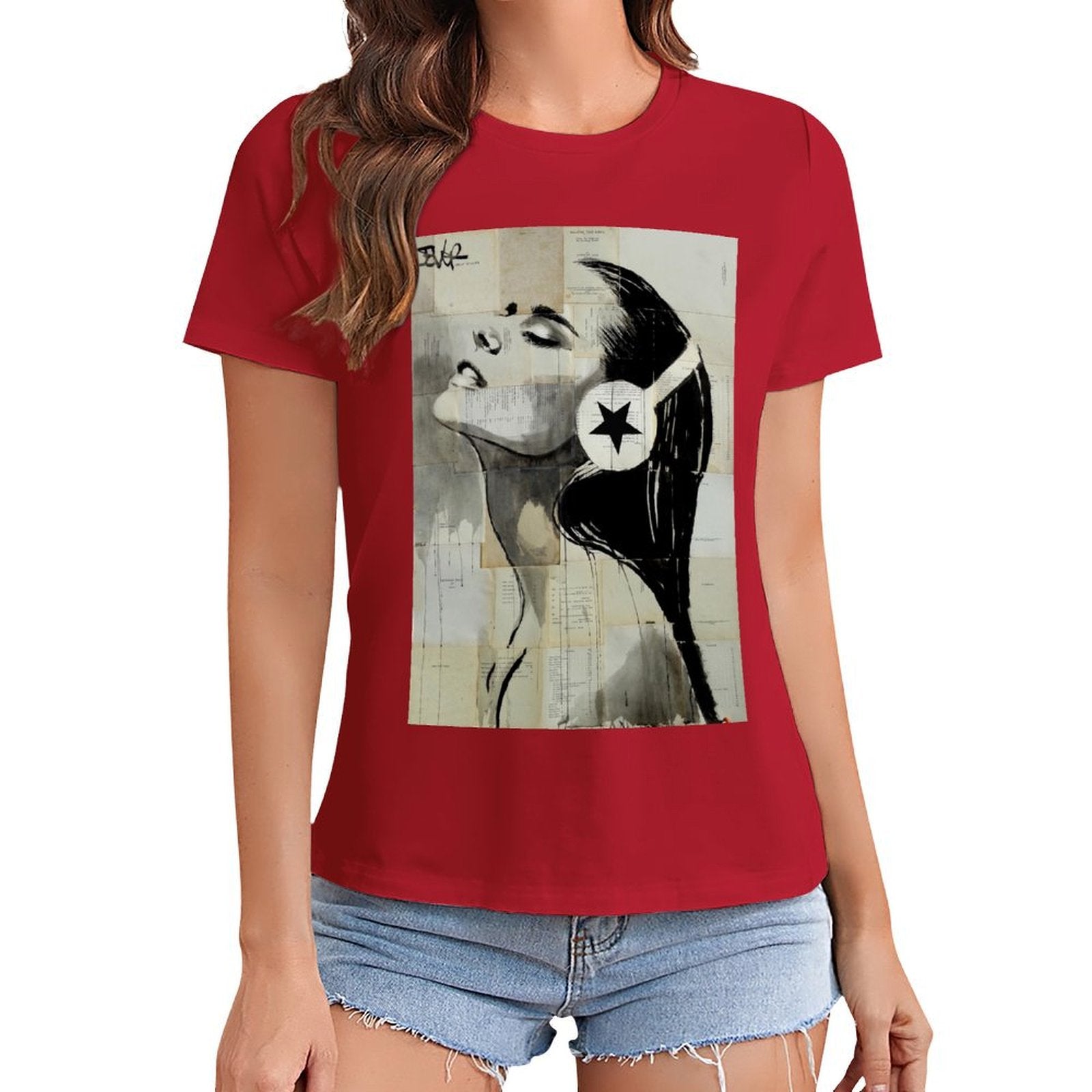 Red women's graphic tee featuring woman with headphone art print from MyArtsyGift, short sleeve.