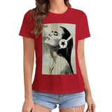 Red women's graphic tee featuring woman with headphone art print from MyArtsyGift, short sleeve.