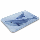 Coral velvet bath rug with watercolor whales design, non-slip bathroom rug