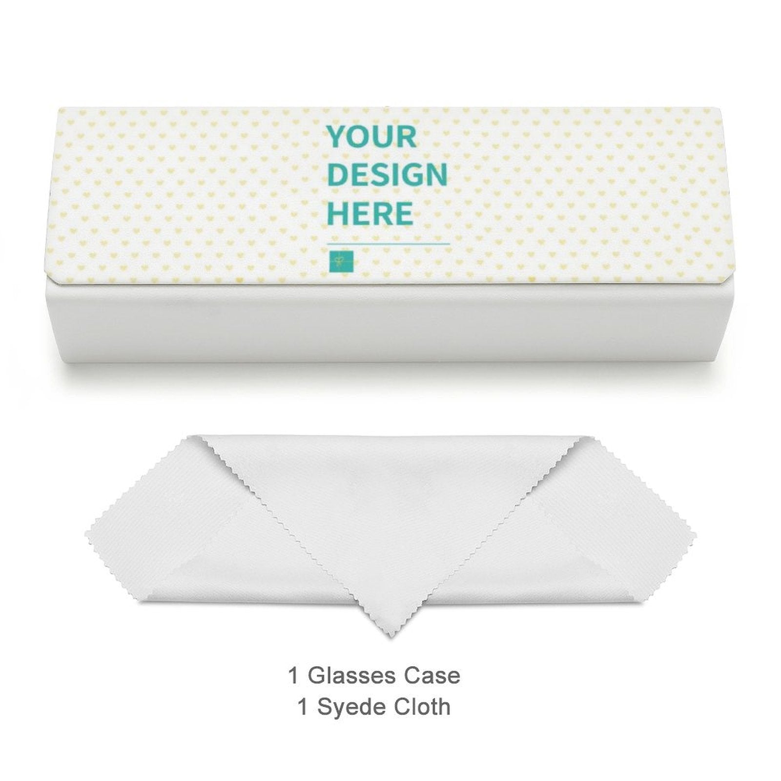 Custom eyeglass case with 'YOUR DESIGN HERE' design, plus glasses cleaning cloth. Perfect gift idea.