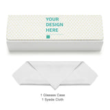 Custom eyeglass case with 'YOUR DESIGN HERE' design, plus glasses cleaning cloth. Perfect gift idea.