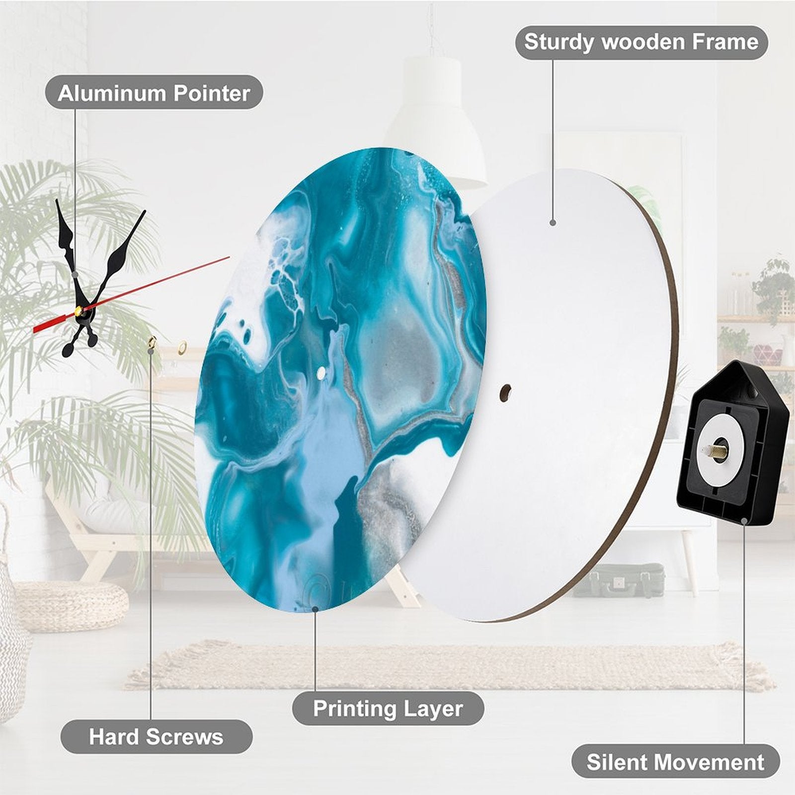 Wooden wall clock components: blue abstract art, silent movement, sturdy frame. Perfect for home decor.