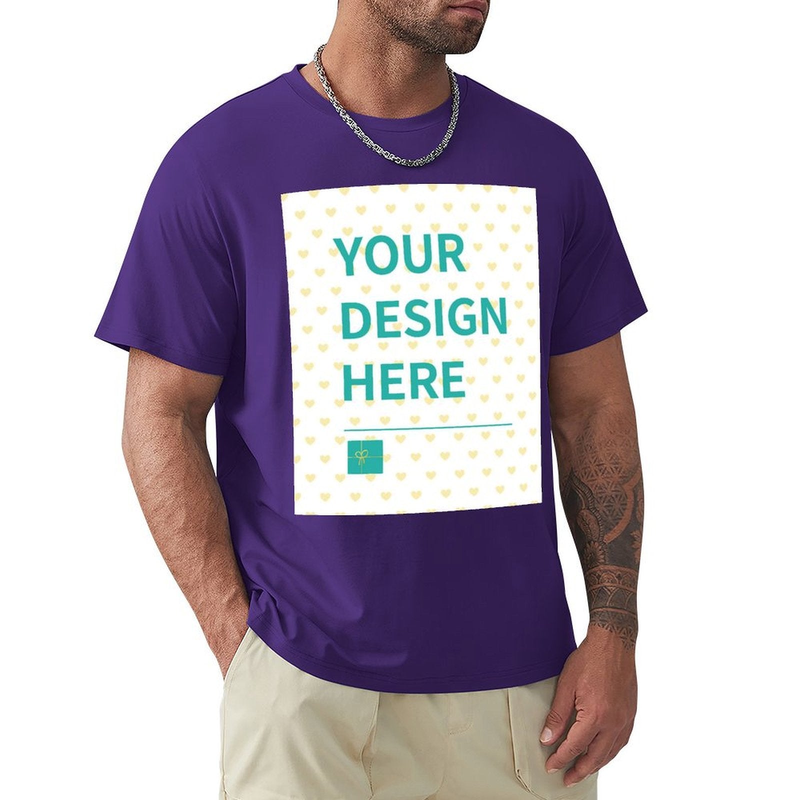 Purple men's customizable short sleeve t-shirt with 'YOUR DESIGN HERE' on a white heart pattern, MyArtsyGift