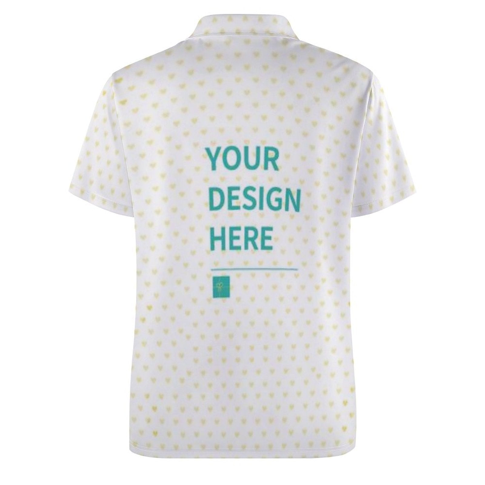 Customizable polo golf shirt with 'YOUR DESIGN HERE' text, polyester fabric, custom men's tee.