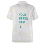 Customizable polo golf shirt with 'YOUR DESIGN HERE' text, polyester fabric, custom men's tee.