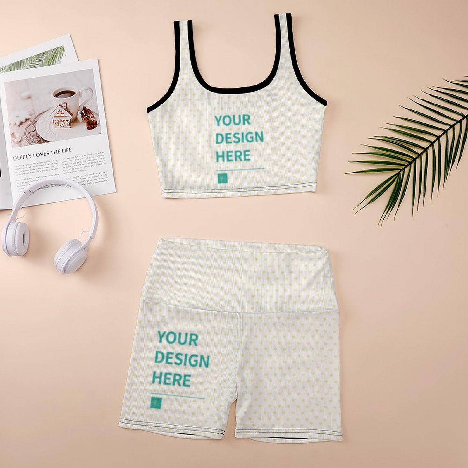 Custom yoga vest set for women, white with heart pattern and 'YOUR DESIGN HERE' design for workouts