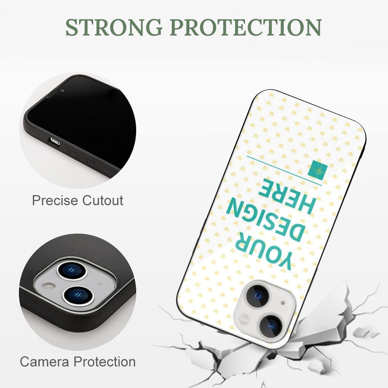 Custom iPhone 13 case, glass + TPU, personalized design, camera protection, and precise cutouts.