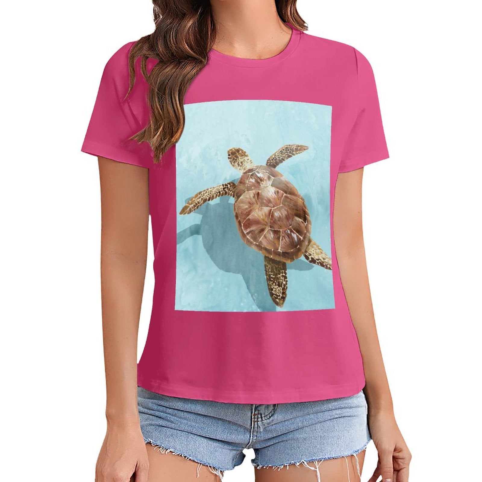 Pink women's crewneck t-shirt with sea turtle graphic, casual summer wear, MyArtsyGift