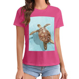 Pink women's crewneck t-shirt with sea turtle graphic, casual summer wear, MyArtsyGift
