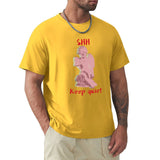 Yellow men's t-shirt with pink angel print and SHH Keep Quiet text, cotton fabric, MyArtsyGift.