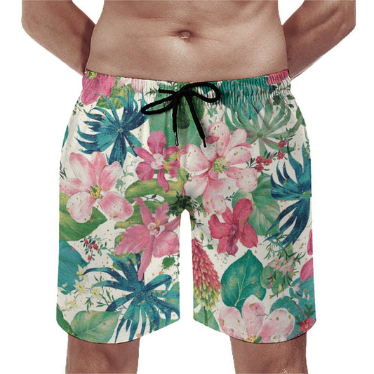 Men's Hawaiian swim shorts with floral print, mesh lining, quick-drying, beach or street wear