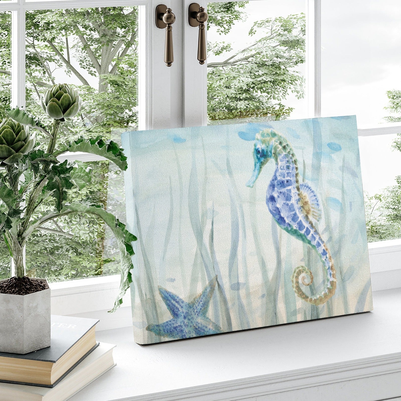 Undersea Friends Canvas Print featuring a blue and green seahorse and starfish, perfect for home decor